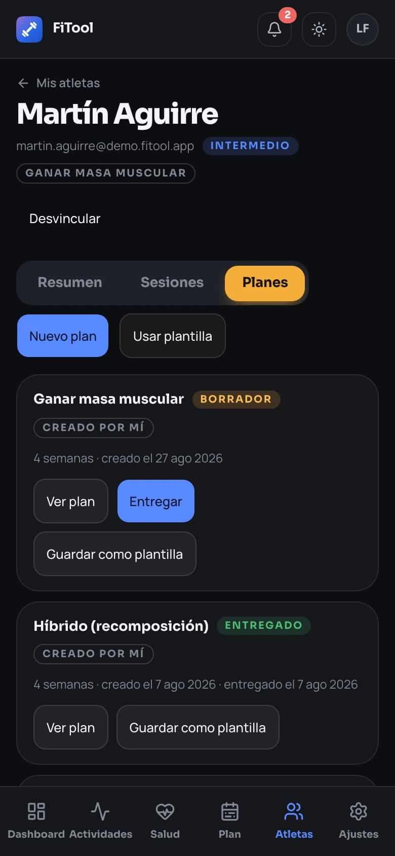 Planes de un atleta en FiTool Coach: borrador, plan entregado y reutilización como plantilla