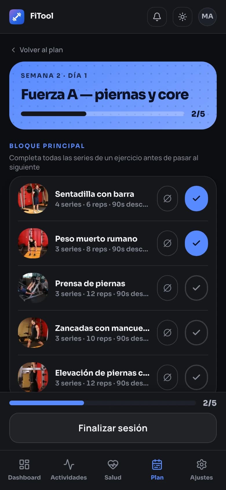 Sesión de FiTool en curso en un teléfono: ejercicios del bloque con series, repeticiones y progreso