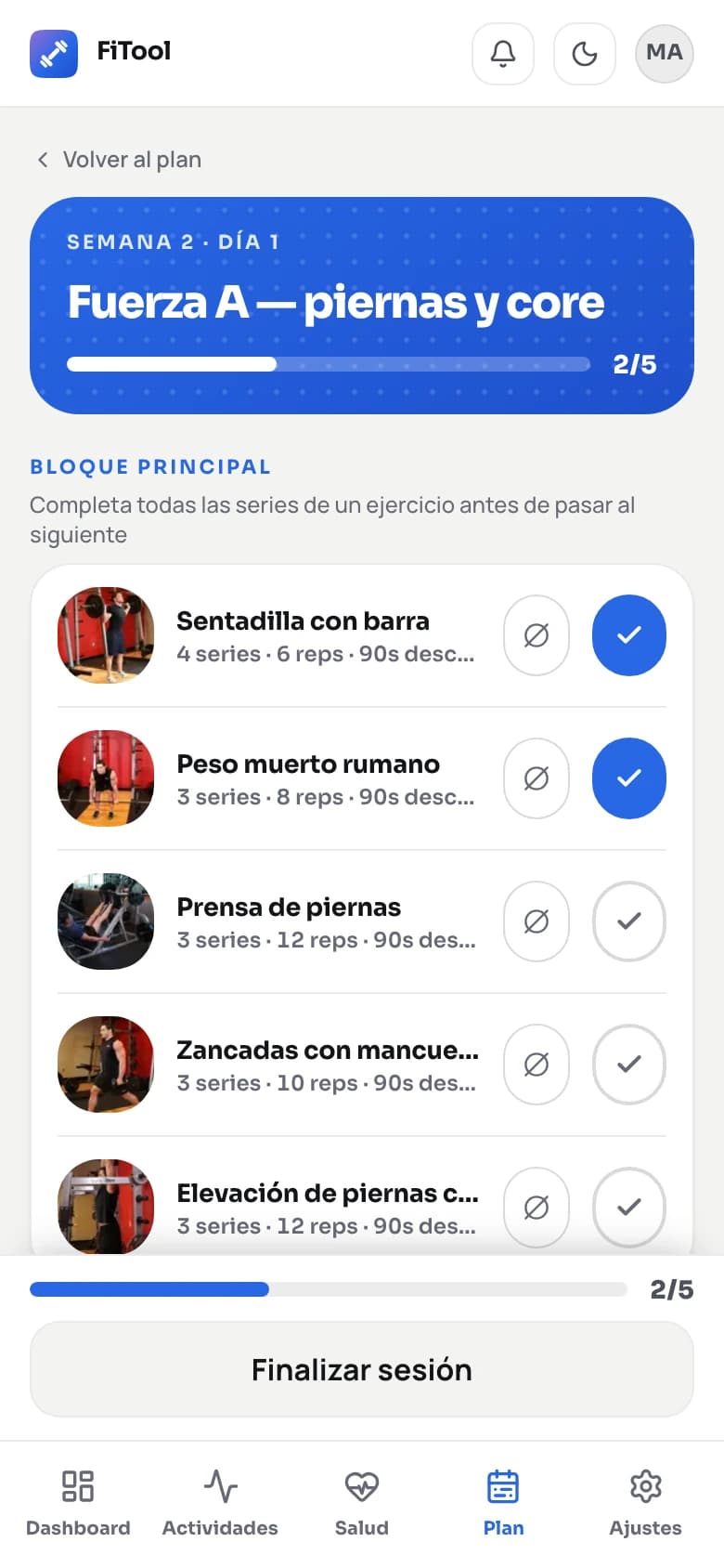 Sesión de FiTool en curso en un teléfono: ejercicios del bloque con series, repeticiones y progreso