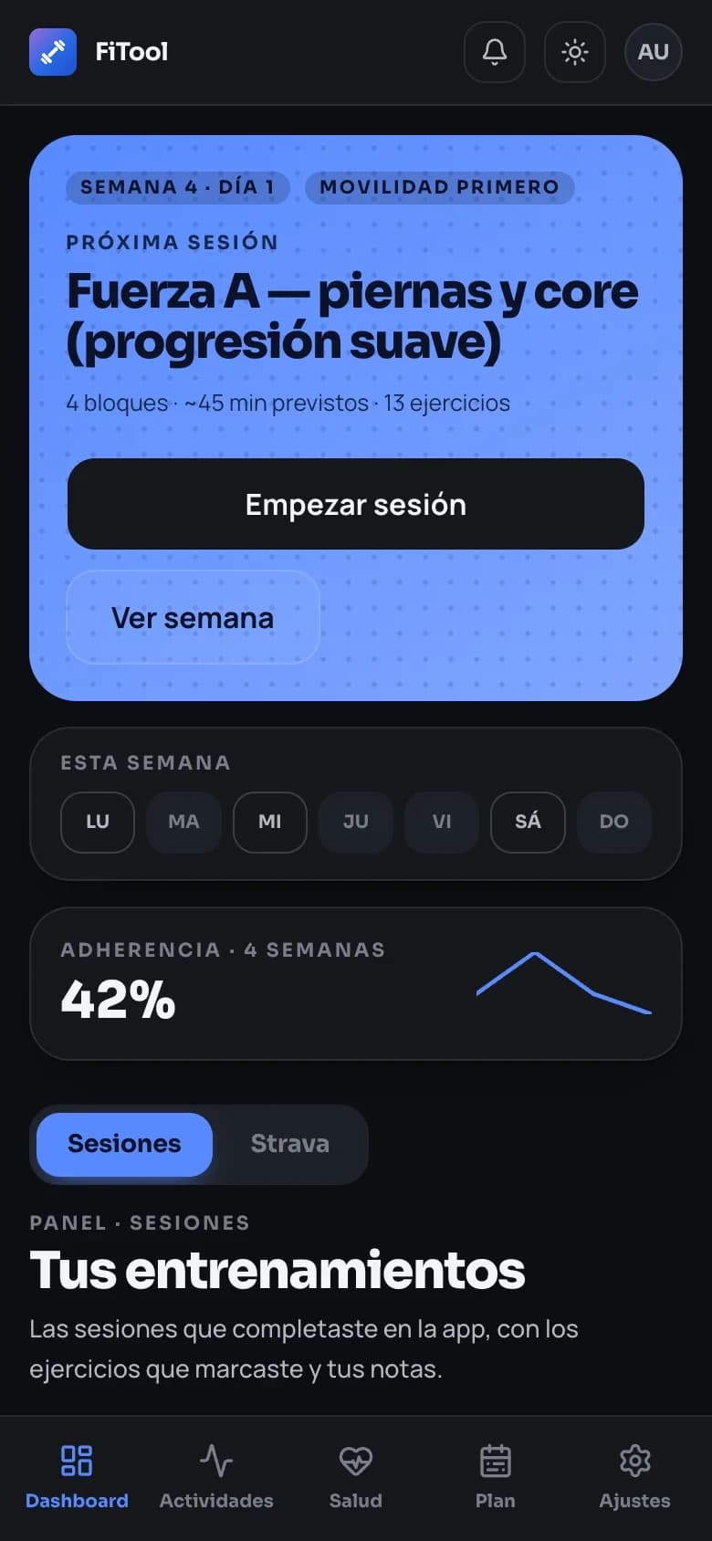 Panel semanal con actividades y carga de entrenamiento