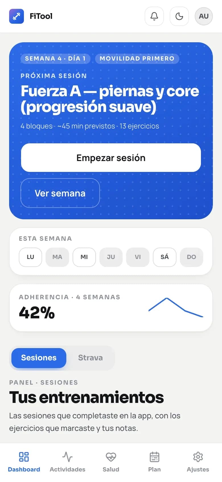 Panel semanal con actividades y carga de entrenamiento