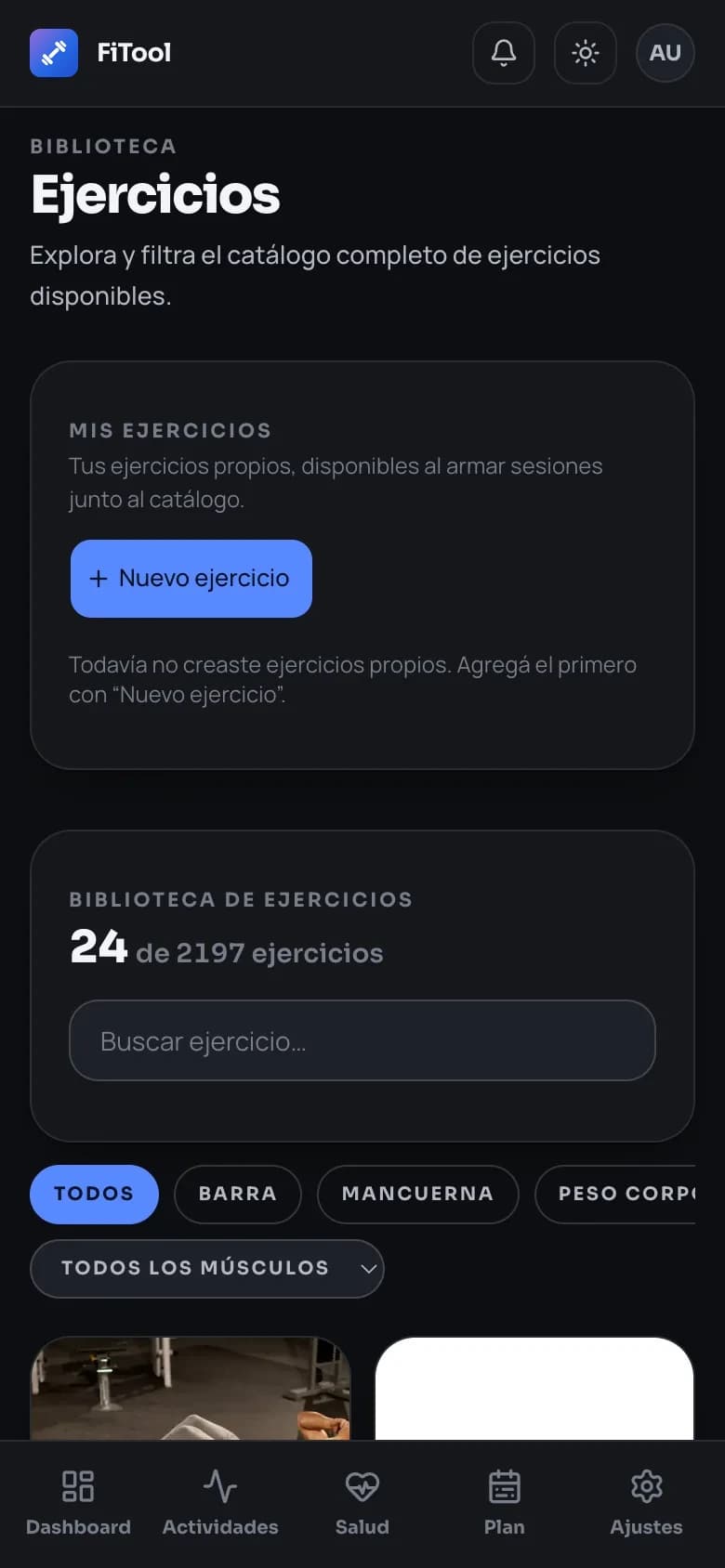 Biblioteca de ejercicios con filtros y ejercicios propios