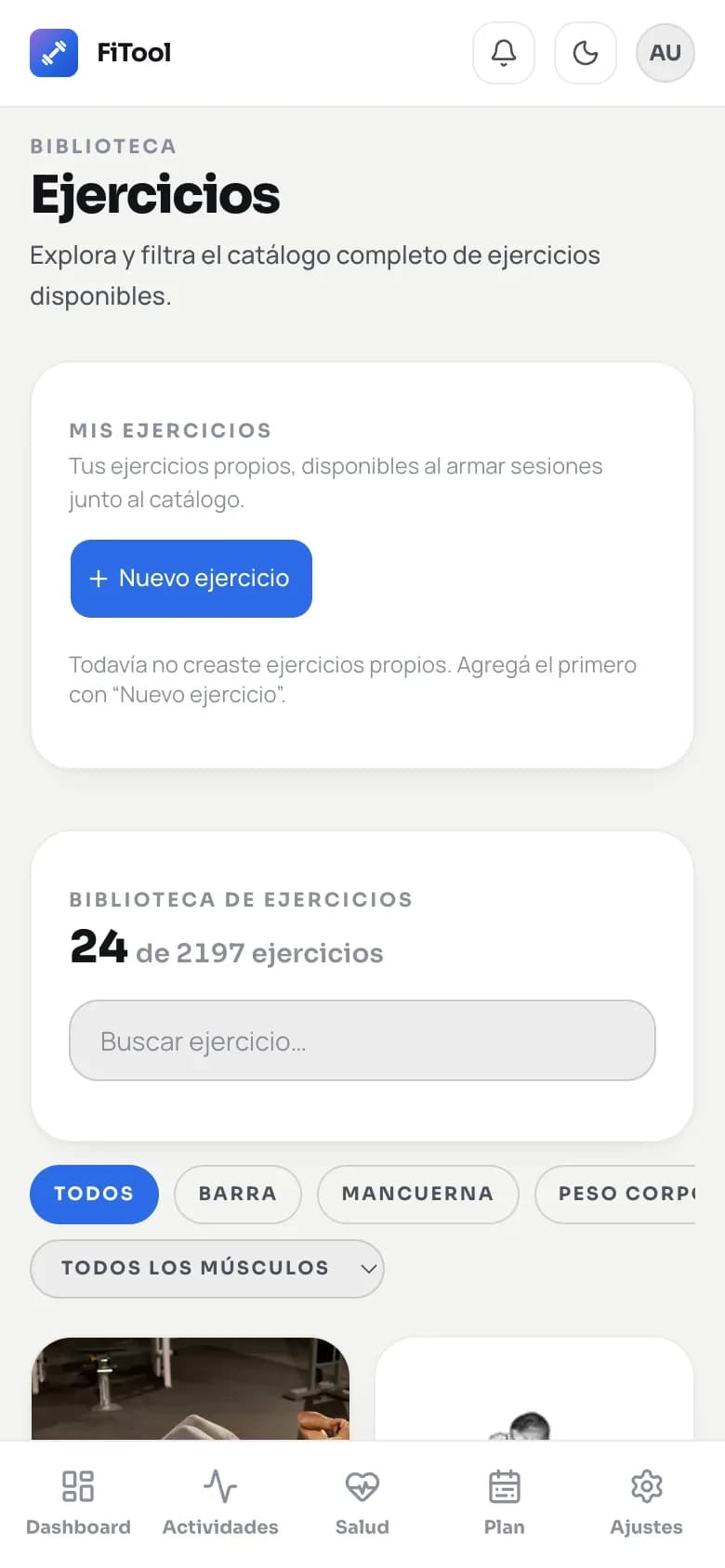Biblioteca de ejercicios con filtros y ejercicios propios