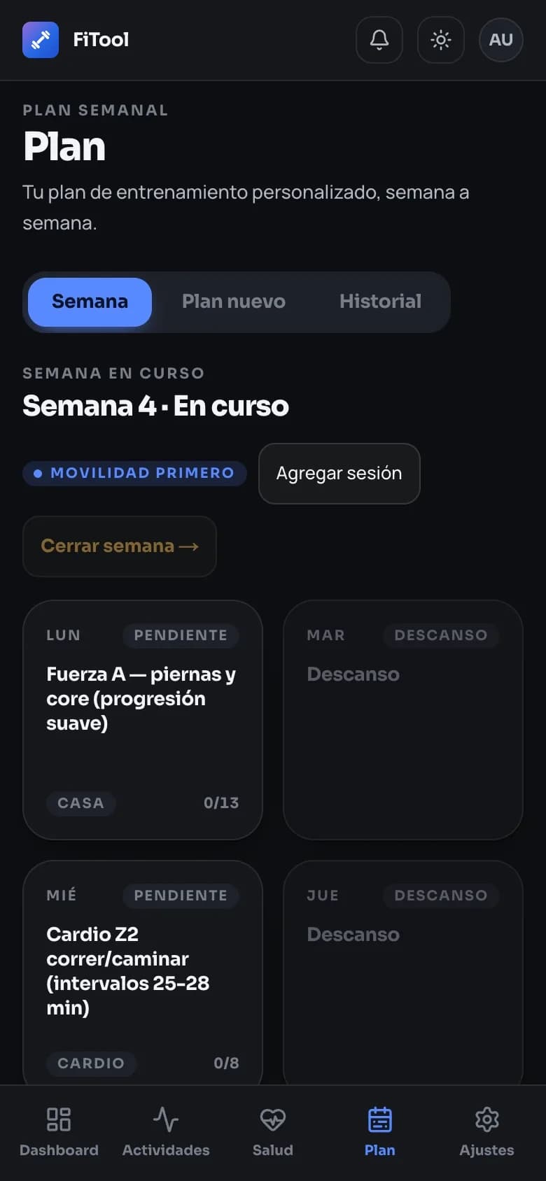 Plan de entrenamiento de la semana con sesiones por día