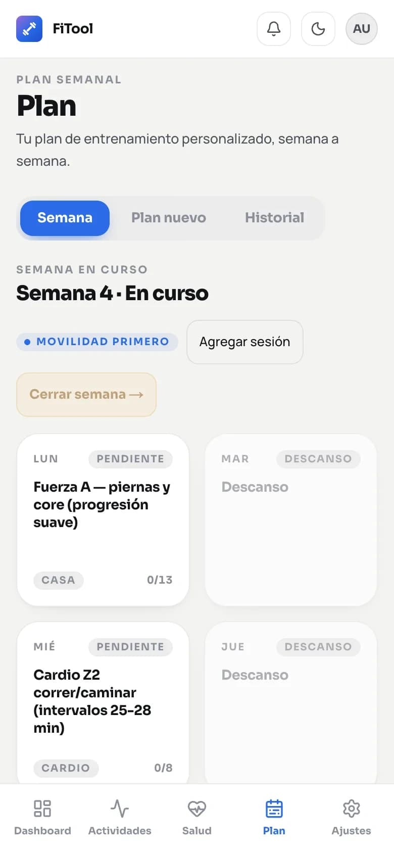 Plan de entrenamiento de la semana con sesiones por día